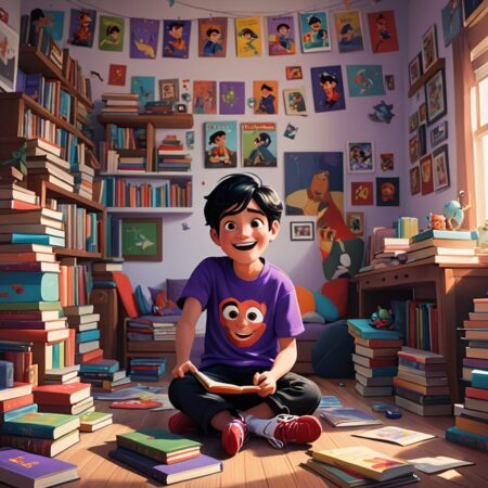 Boy reading in colorful, book-filled room.